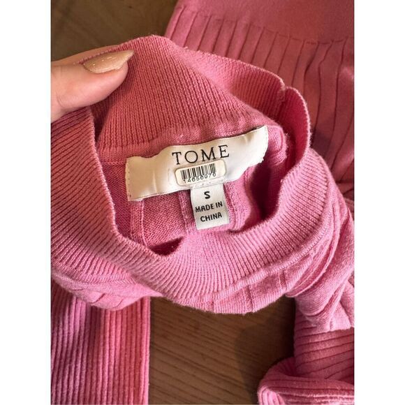 TOME Pink Ribbed Mock Neck Merino Wool Blend Crop Sweater - Picture 5 of 7